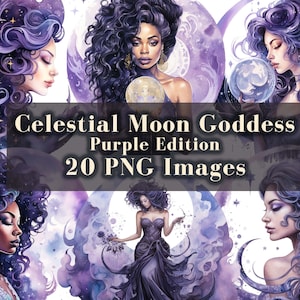 Celestial Clipart, Purple Moon Goddess Clip Art, 20 Fantasy PNG Bundle, Watercolor Night Sky Woman Graphics, Instant Download Commercial Use