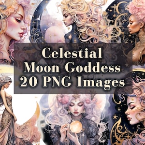 Celestial Clipart, Moon Goddess Clip Art, 20 Fantasy PNG Bundle, Watercolor Night Sky Woman Graphics, Instant Download, Commercial Use