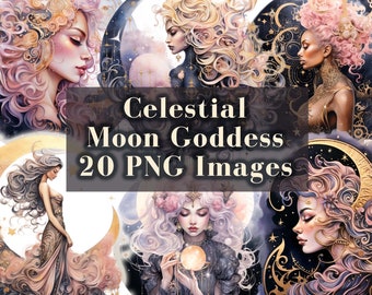 Celestial Clipart, Moon Goddess Clip Art, 20 Fantasy PNG Bundle, Watercolor Night Sky Woman Graphics, Instant Download, Commercial Use