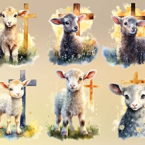 May include: Six watercolor paintings of lambs standing in front of crosses. The lambs are all different colors and have different expressions on their faces. The crosses are all different colors and styles.