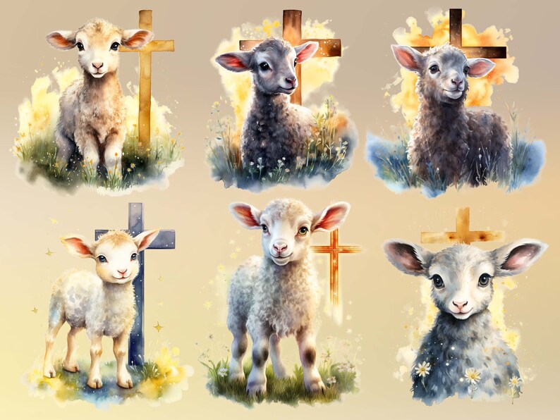 May include: Six watercolor paintings of lambs standing in front of crosses. The lambs are all different colors and have different expressions on their faces. The crosses are all different colors and styles.