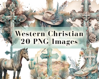 Watercolor Western Christian Clipart Bundle, Western Cross Graphics PNG, Religious Boho Clip Art, Christian Boho PNG, Instant Download