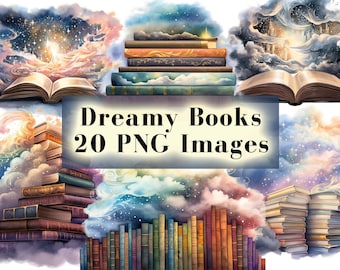 Dromerige Fantasy Books aquarel clipart bundel-20 png magische open boeken, sprookjesboeken graphics, instant digitale download, commercieel gebruik
