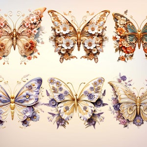 May include: Six ornate butterflies with gold and white wings, each with a different floral design. The butterflies are arranged in three rows of two, with the top row featuring butterflies with orange and brown flowers, the middle row featuring butterflies with purple and white flowers, and the bottom row featuring butterflies with white and pink flowers.