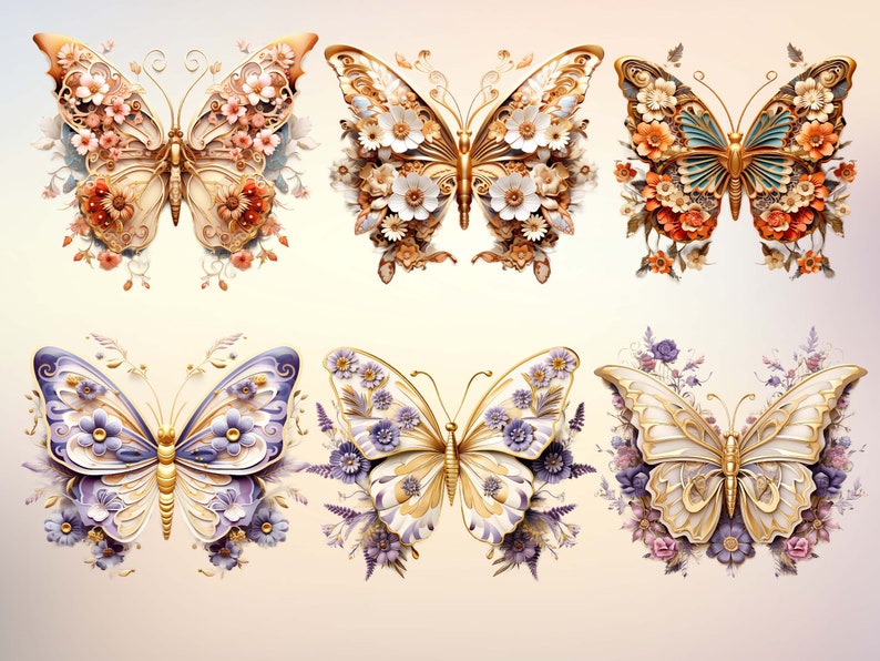 May include: Six ornate butterflies with gold and white wings, each with a different floral design. The butterflies are arranged in three rows of two, with the top row featuring butterflies with orange and brown flowers, the middle row featuring butterflies with purple and white flowers, and the bottom row featuring butterflies with white and pink flowers.