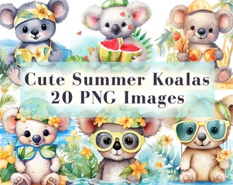 Watercolor Cute Summer Koala Clipart 20 PNG, Pastel Summer Animals Clip Art, Tropical Beach PNG, Sunglasses, Digital Download Commercial Use