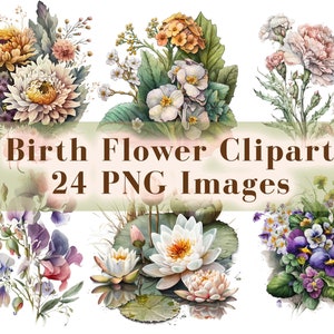Clipart fleur de naissance, lot de 24 PNG Floral antique, cadeau fleur bricolage mois de naissance, graphique fleur, clipart botanique, cadeau pour maman, commercial
