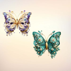 May include: Two intricate paper butterflies with gold accents and floral details. One butterfly is white with purple flowers, and the other is teal with white flowers.