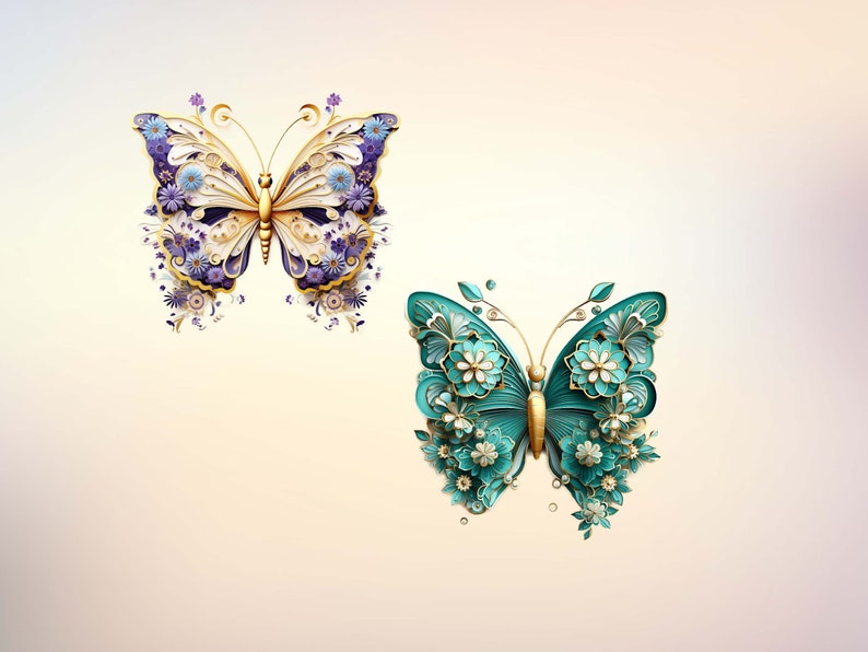May include: Two intricate paper butterflies with gold accents and floral details. One butterfly is white with purple flowers, and the other is teal with white flowers.