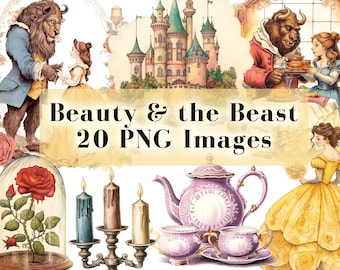 Puede incluir: Ilustraciones en acuarela con personajes y elementos de La Bella y la Bestia. Las imágenes incluyen a Bella y la Bestia, un castillo, una rosa en una cúpula de cristal, velas y un juego de té. El texto dice "Beauty & the Beast 20 PNG Images."
