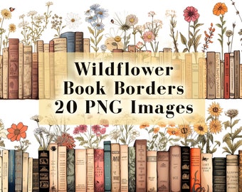 Wildflower Book Border Clipart, Minimalist Floral Watercolor 20 PNG Clipart Set, Sublimation Art, Book Lover, Junk Journal, Instant Download