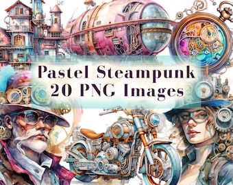 Pastel steampunk clipartbundel-20 png-afbeeldingen, steampunk png-illustraties, digitale Victoriaanse kunst, scrapbooking, uitnodigingen, decor, tijdschriften