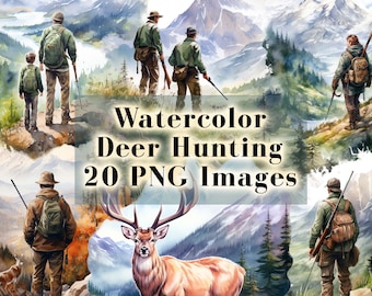 Watercolor Deer Hunting Clipart - 20 PNG Graphics, Fathers Day Hunting Clip Art Bundle, Deer Hunt PNG, Clipart Chasse, Father Son Hunting