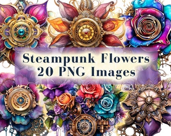 Steampunk Flowers Clipart Bundle, 20 PNG Floral Fantasy Graphics, Junk Journal, Scrapbook, Steampunk Style, Instant Digital Download