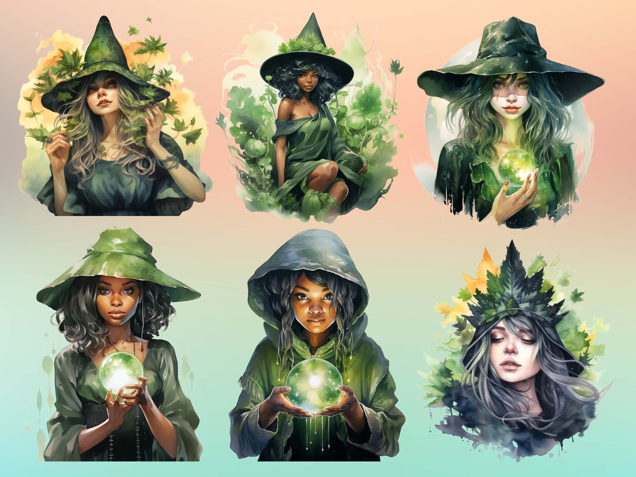 Herbal Witches Watercolor Clipart Bundle - 20 PNG Graphics, Fantasy ...