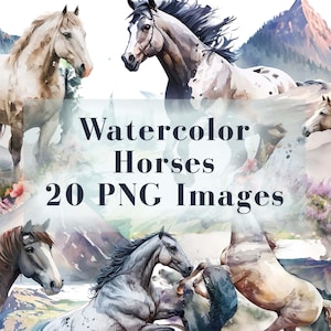 Watercolor Horses Clipart - 20 Majestic Horse Illustrations, Fantasy Clip Art, Transparent PNG, Instant Digital Download, Commercial Use