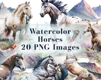 Imágenes prediseñadas de caballos en acuarela: 20 ilustraciones majestuosas de caballos, imágenes prediseñadas de fantasía, PNG transparente, descarga digital instantánea, uso comercial