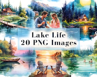 Lake Life PNG Clipart Bundle, 20 Watercolor Family Camping PNG, Enchanting Lake House Clipart, Lake Landscape, Adirondack Chair Graphics