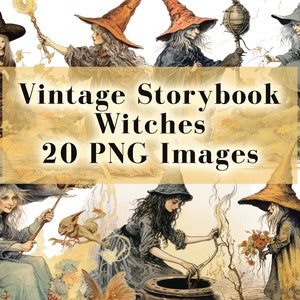Vintage Storybook Witch Clipart Bundle, 20 Autumn Witches PNG, Whimsical Halloween, Vintage Witch Art PNG, Magic Witch Illustration Graphics