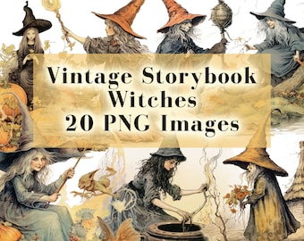 May include: A collection of 20 vintage-style illustrations of witches. The images are in PNG format and feature witches with different expressions and poses. The images are perfect for adding a touch of whimsy to your projects.