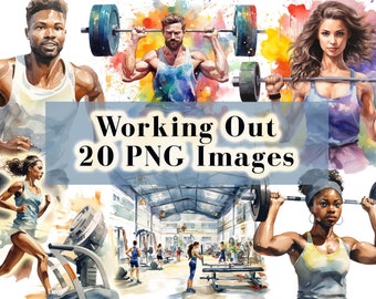 Watercolor Workout PNG Bundle, 20 Fitness Clipart PNG, Sports PNG, Weight Lifting Clip Art, Gym Graphics, Commercial Use, Instant Download