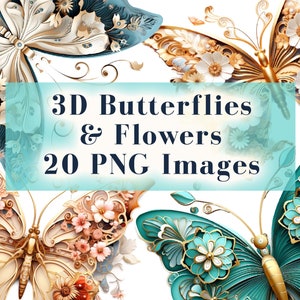 Pacchetto di clipart di farfalle 3D, 20 immagini PNG di fiori 3D, download digitale, clipart di farfalle 3D, design a sublimazione, regali fai da te, pubblicità