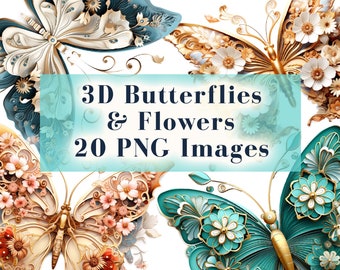 3D Butterflies Clipart Bundle, 20 3D Flowers PNG Graphics, Digital Download, 3D Butterfly Clipart, Sublimation Design, DIY Gifts, Commercial