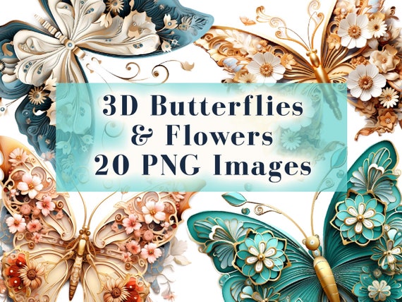 3D Butterflies Clipart Bundle, 20 3D Flowers PNG Graphics, Digital Download, 3D Butterfly Clipart, Sublimation Design, DIY Gifts, Commercial