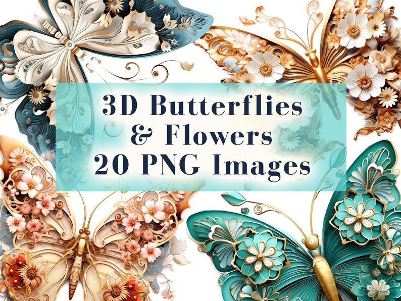 May include: A set of 20 digital images featuring 3D butterflies and flowers. The butterflies are intricately detailed and have a paper-like texture. The flowers are in shades of pink, white, and blue.