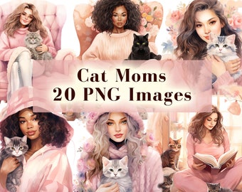 Cat Mom PNG Clipart Bundle, 20 Watercolor Cat Illustrations, Cute Cat PNG, Sublimation Print for Cat Lovers, Cozy Cottagecore Cat Lady