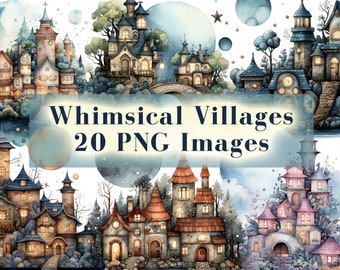 Whimsical Villages Clipart Bundle 20 High Quality PNG, Quirky Houses, Card Making, Mixed Media, Digital Paper Craft, Junk Journals, Wall Art