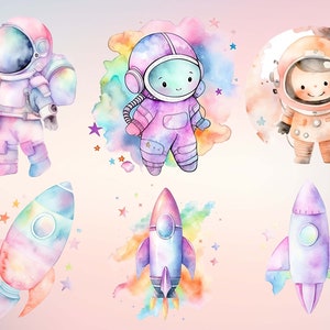 Pastel Outer Space Watercolor Clipart Bundle, 20 Cute Astronaut PNG ...