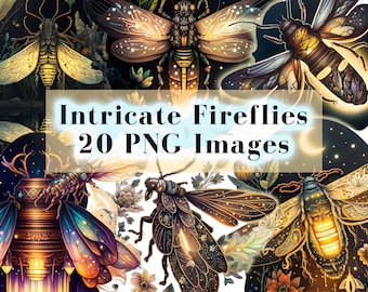 Intricate Firefly Clipart Bundle PNG | 20 Glowing Insect Illustrations for Sublimation, Stickers, Nature Crafts, Scrapbooking, Digital Art