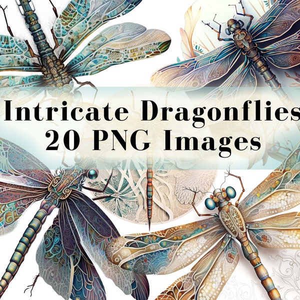 Intricate Dragonfly Clipart Bundle - 20 PNG with Transparent Background, Watercolor Dragonflies Graphics, Instant Download, Commercial Use