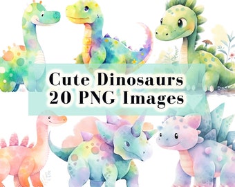 Watercolor Dinosaur Clipart Bundle 20 PNG Nursery Clip Art, Dinosaur PNG, birthday party Decor, Dinosaur stickers, Dinosaur baby shower
