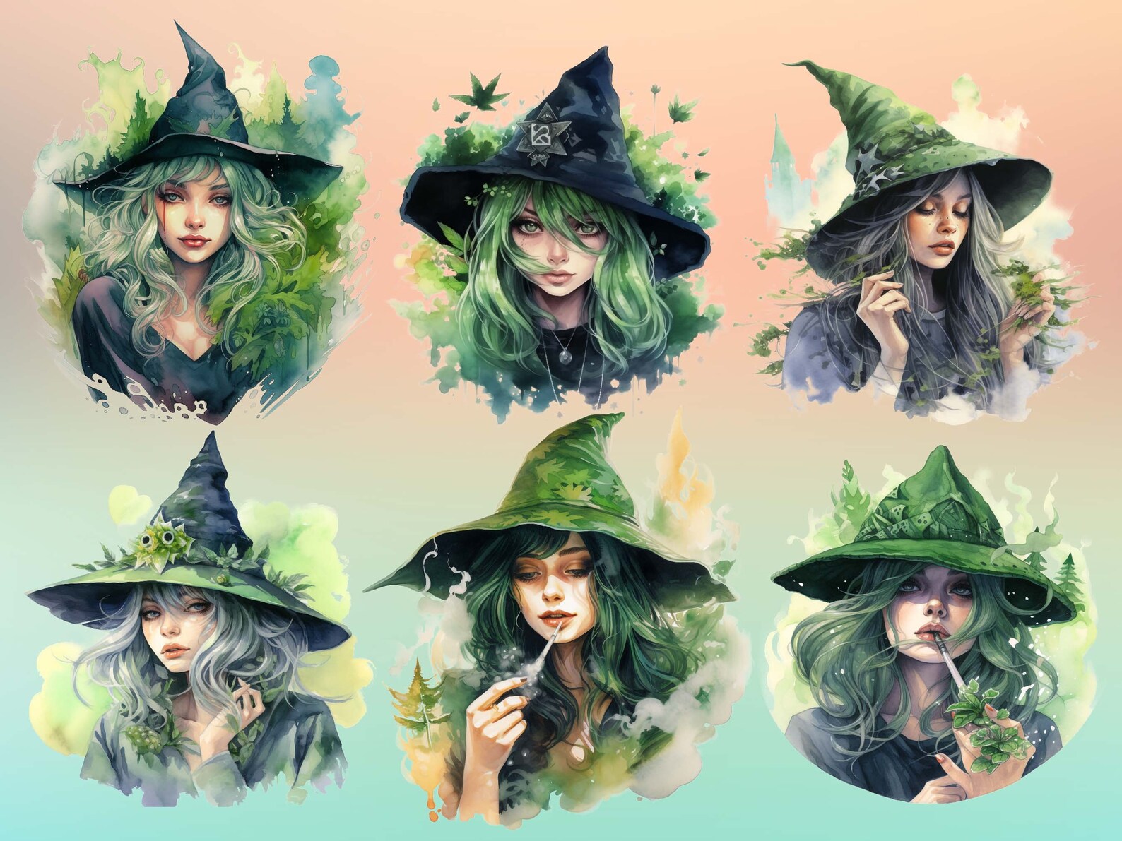 Herbal Witches Watercolor Clipart Bundle - 20 PNG Graphics, Fantasy ...