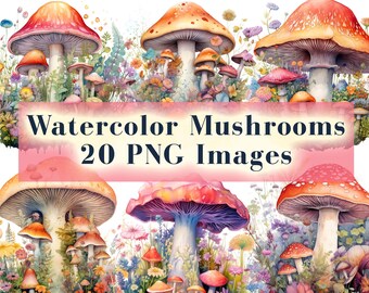 Watercolor Mushrooms Clipart Bundle - 20 Mystical Fantasy Toadstool PNG, Magical Woodland Forest Mushroom, Instant Download, Commercial Use