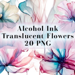 May include: A set of 20 digital images featuring translucent flowers created with alcohol ink. The flowers are in shades of blue, pink, and purple, and have a watercolor-like effect.