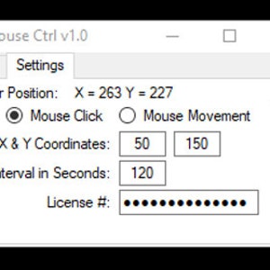 K&ouml;nnte beinhalten: Ein Computerbildschirm zeigt ein Programm namens "Mouse Ctrl v1.0" an. Das Programm bietet Optionen f&uuml;r "Mausklick" und "Mausbewegung". Der Benutzer kann die X- und Y-Koordinaten sowie das Intervall in Sekunden einstellen. Das Programm zeigt auch eine Lizenznummer an.