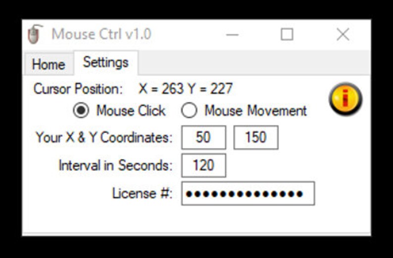 K&ouml;nnte beinhalten: Ein Computerbildschirm zeigt ein Programm namens "Mouse Ctrl v1.0" an. Das Programm bietet Optionen f&uuml;r "Mausklick" und "Mausbewegung". Der Benutzer kann die X- und Y-Koordinaten sowie das Intervall in Sekunden einstellen. Das Programm zeigt auch eine Lizenznummer an.