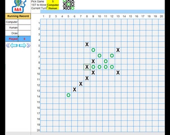 Könnte beinhalten: Ein Spielbrett mit einem 20x20-Raster. Das Brett ist mit grünen Kreisen und schwarzen X gefüllt. Das Spiel heißt "A&A" und der aktuelle Zug ist der Mensch.