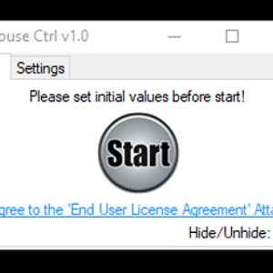K&ouml;nnte beinhalten: Ein Computerbildschirm zeigt eine Softwareanwendung namens "Mouse Ctrl v1.0" an. Die Anwendung hat einen Button mit der Bezeichnung "Start" und ein Kontrollk&auml;stchen mit der Bezeichnung "Ich stimme der "End User License Agreement" zu, die beigef&uuml;gt ist."