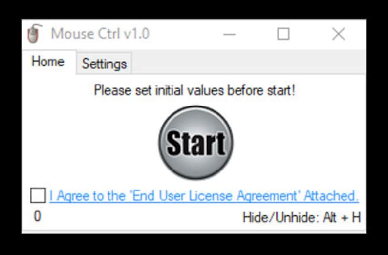 K&ouml;nnte beinhalten: Ein Computerbildschirm zeigt eine Softwareanwendung namens "Mouse Ctrl v1.0" an. Die Anwendung hat einen Button mit der Bezeichnung "Start" und ein Kontrollk&auml;stchen mit der Bezeichnung "Ich stimme der "End User License Agreement" zu, die beigef&uuml;gt ist."