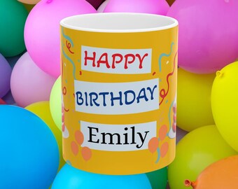 Gepersonaliseerde verjaardagsmok, ontwerp taart en confetti, cadeau voor hem/haar (11-15oz)