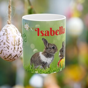 Personalized Happy Easter Ceramic Mug, Perfect Gift for Couples, Family, Friends, Co-workers. Bunny, Flowers, Eggs Design.