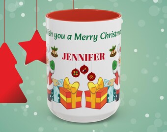 Gepersonaliseerde Feliz Navidad-koffiemok, kleurrijk kerstcadeau