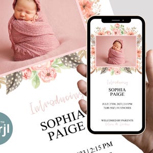 Boho Floral Digital Birth Announcement Girl Newborn Baby Announcement Electronic Editable Birth Announcement with Photo Ecard Template
