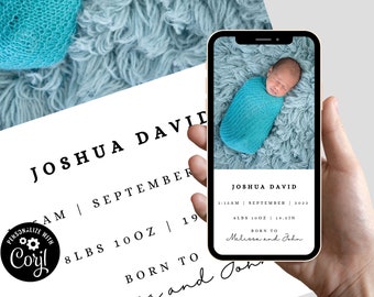 Minimalist Birth Announcement Template Digital Birth Announcement Newborn Announcement Electronic Birth Announcement Mobile Announcement