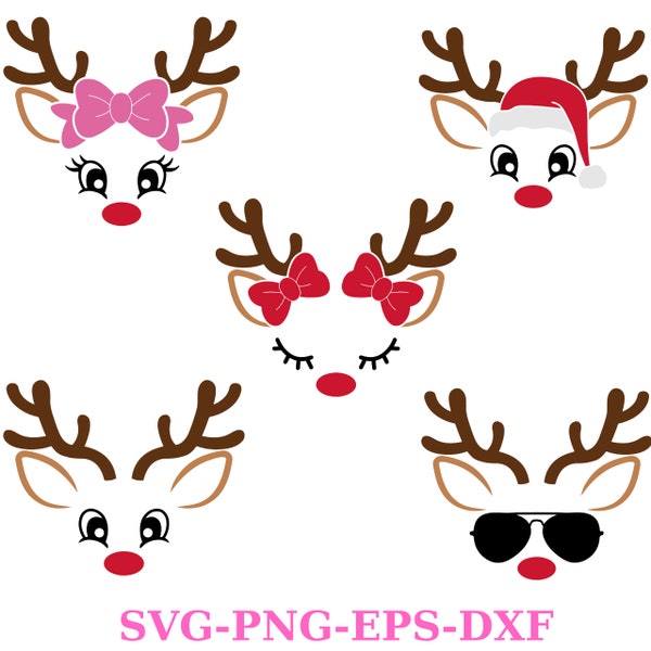 Christmas Reindeer Faces SVG PNG Bundle, Girl Reindeer SVG, Boy Reindeer Svg, Christmas in July 2023 Svg, Cute Reindeer Face Svg Cricut