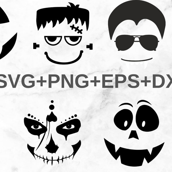 Halloween Faces | Mummy | Pumpkin | Frankenstein | Ghost | Dracula | Girl Pumpkin, SVG Cut Files, PNG, Instant Download